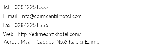 Antik Hotel Edirne telefon numaralar, faks, e-mail, posta adresi ve iletiim bilgileri